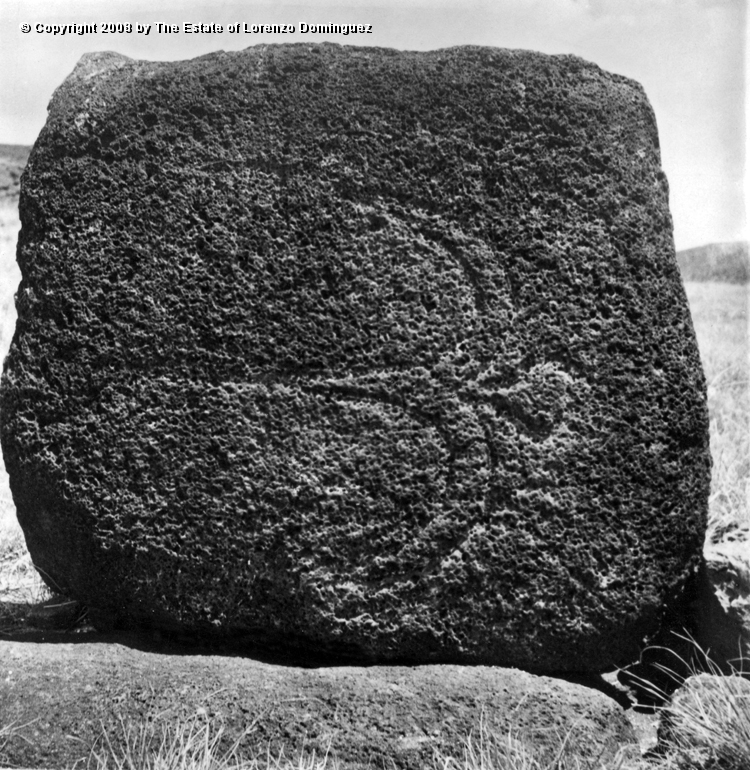 ANA_Pajaro_En_Vuelo_02.jpg - Easter Island. 1960. Anakena. Petroglyph over the paenga of an ahu representing a flying bird.